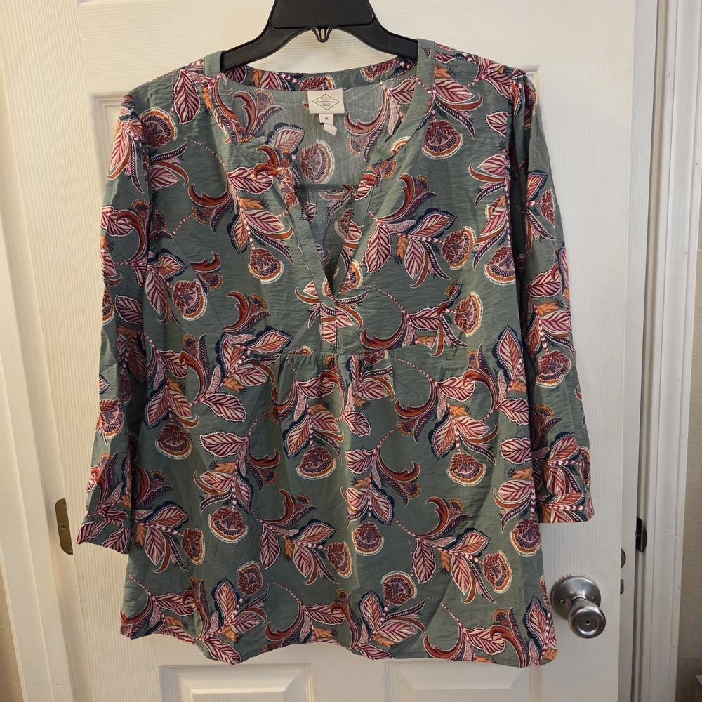St. John's Bay sz 2X‎ green floral pullover top rayon/nylon boho garden artsy